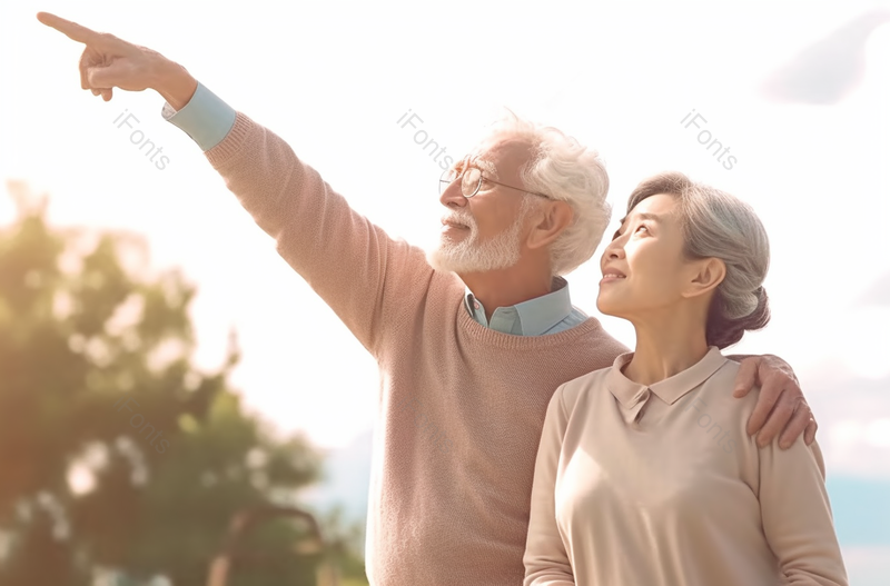 老年伴侣在户外散步手指着天空放松心情摄影背景,高清,摄影图,摄影图片,图片大全,摄影图免费下载